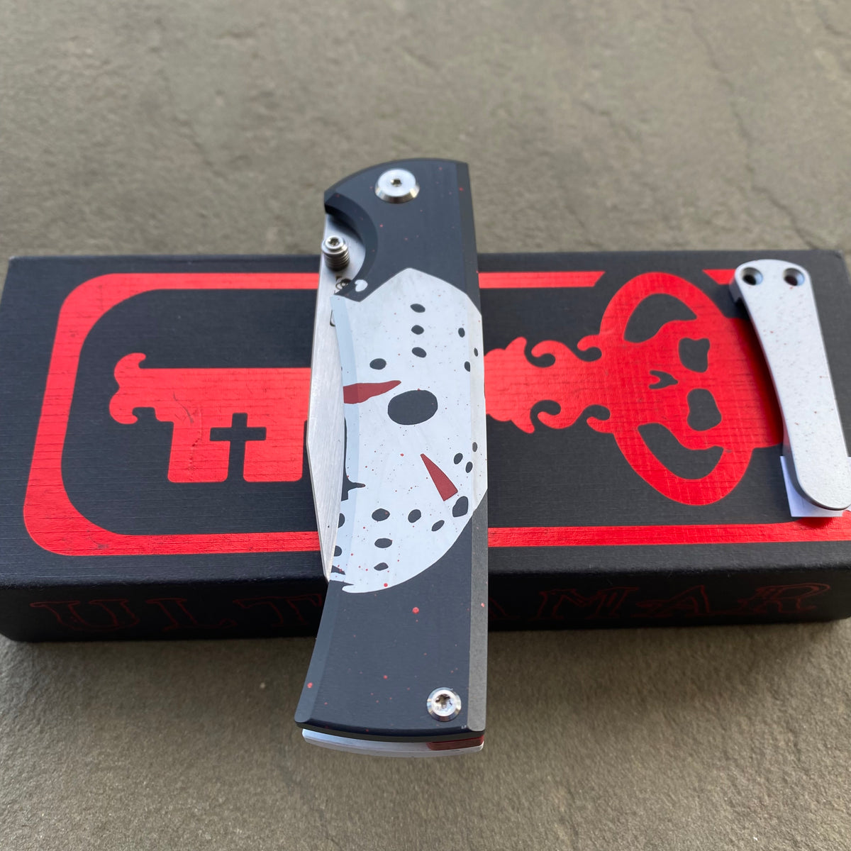 Chaves Sangre 229 Wharncliffe JASON THEME Stonewash Ti Belt Finish 3.7" Folding Knife