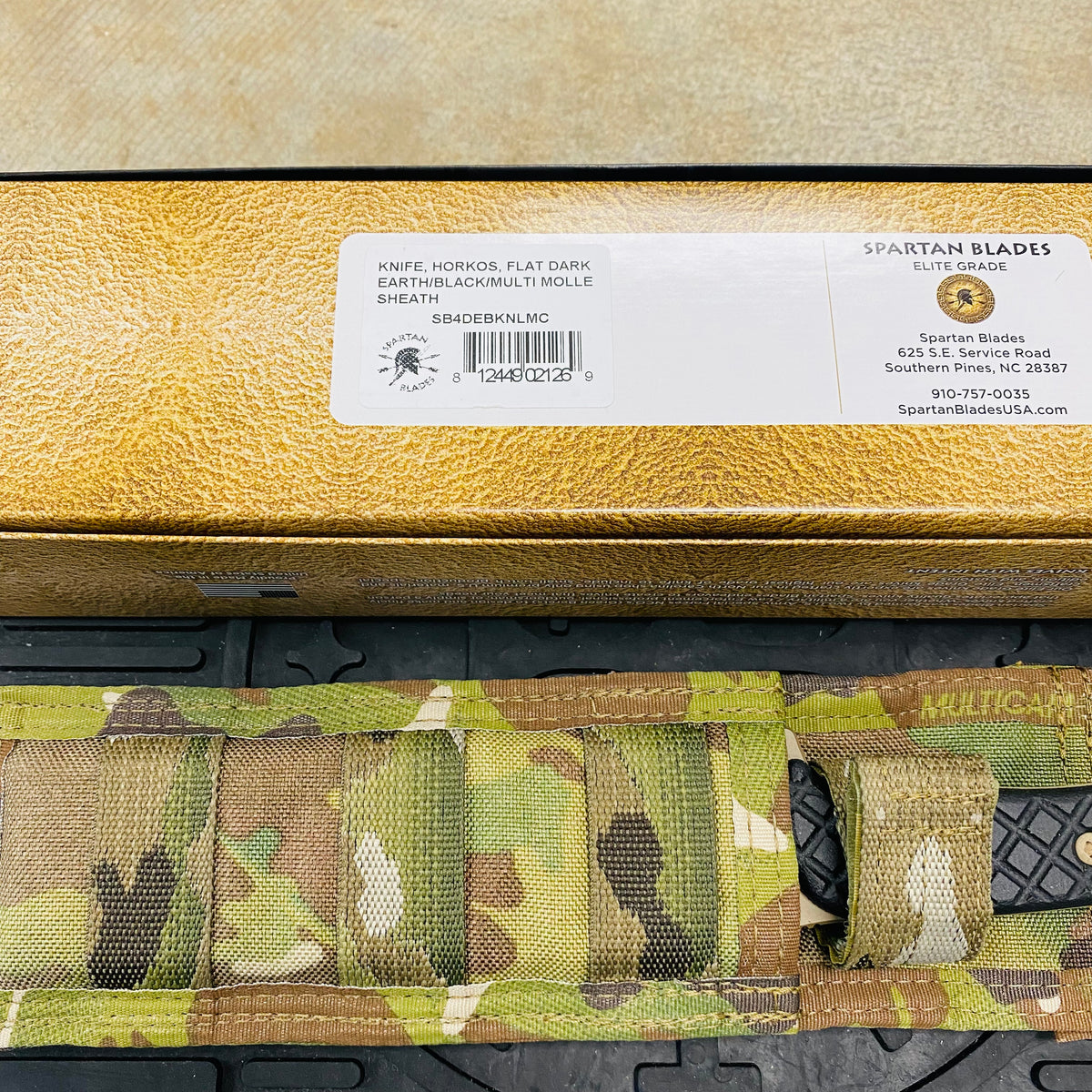 Spartan Blades Horkos Flat Hard Earth 5.6" Fixed Blade Knife CE Canvas Micarta Black Handle with MultiCam Molle Sheath SB4DEBKNLMC