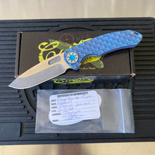 Load image into Gallery viewer, Curtiss Custom F3 Large 3.75&quot; Slicer, Non-Flipper, Titanium Blue PM-Mill Handles, Blue Polished Hardware, Magnacut Knife
