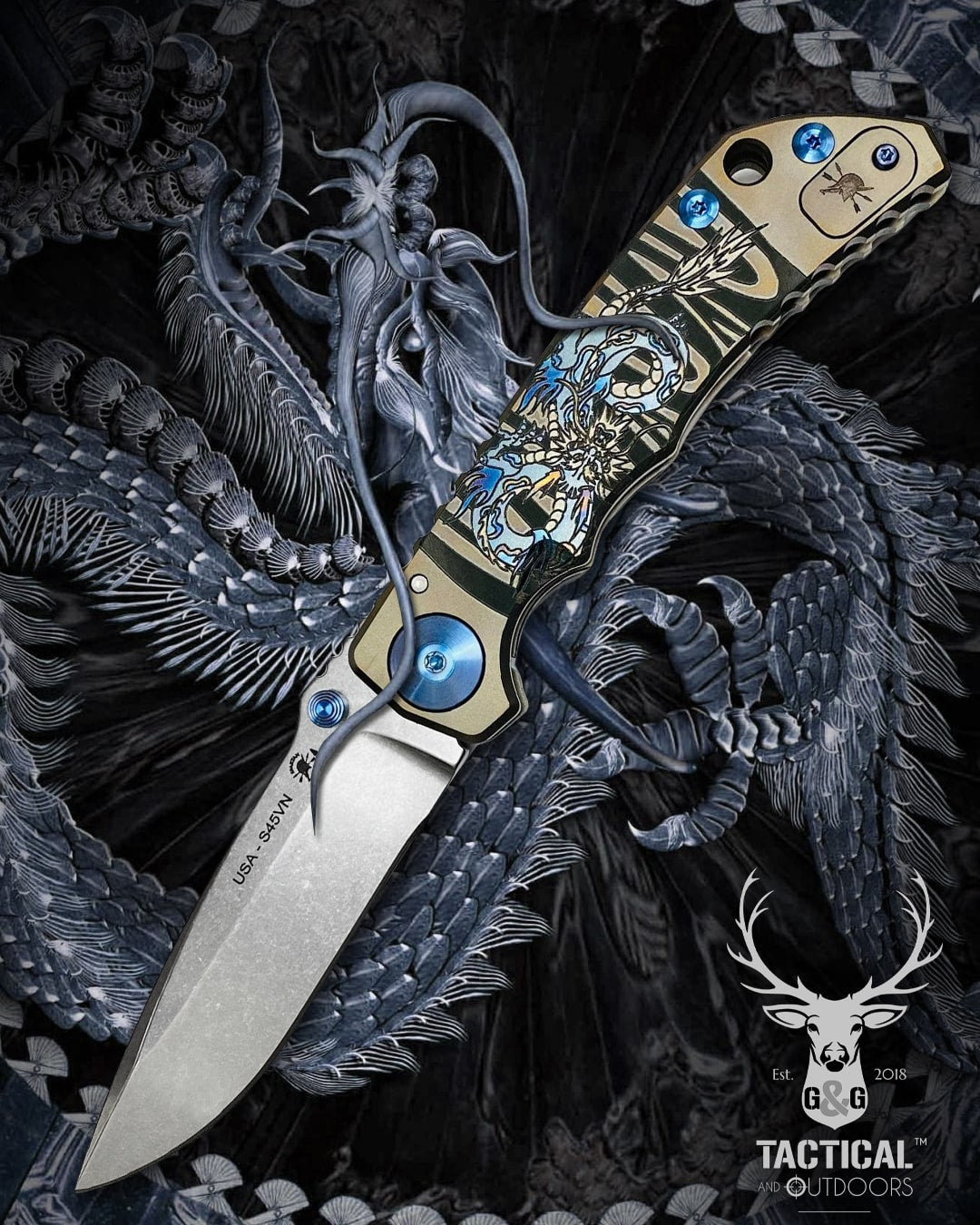 Spartan Blades SF5DRAGON SHF Dragon Harsey Folding Knife 3.95" S45VN Stonewashed Plain Blade, Titanium Handles