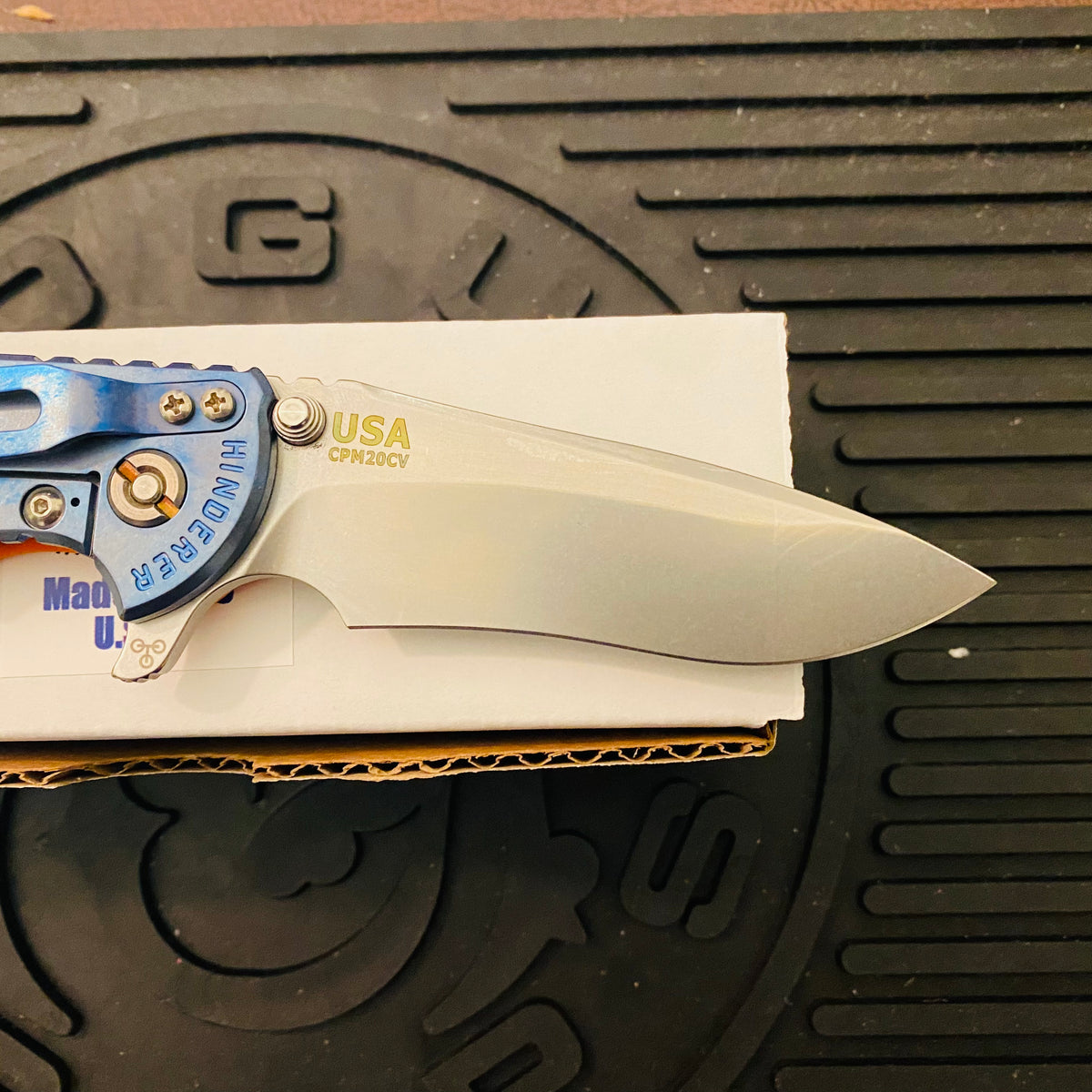 Rick Hinderer XM-18 3.5″ Recurve Tri-Way Stonewash Blue Orange G10 Folding Knife
