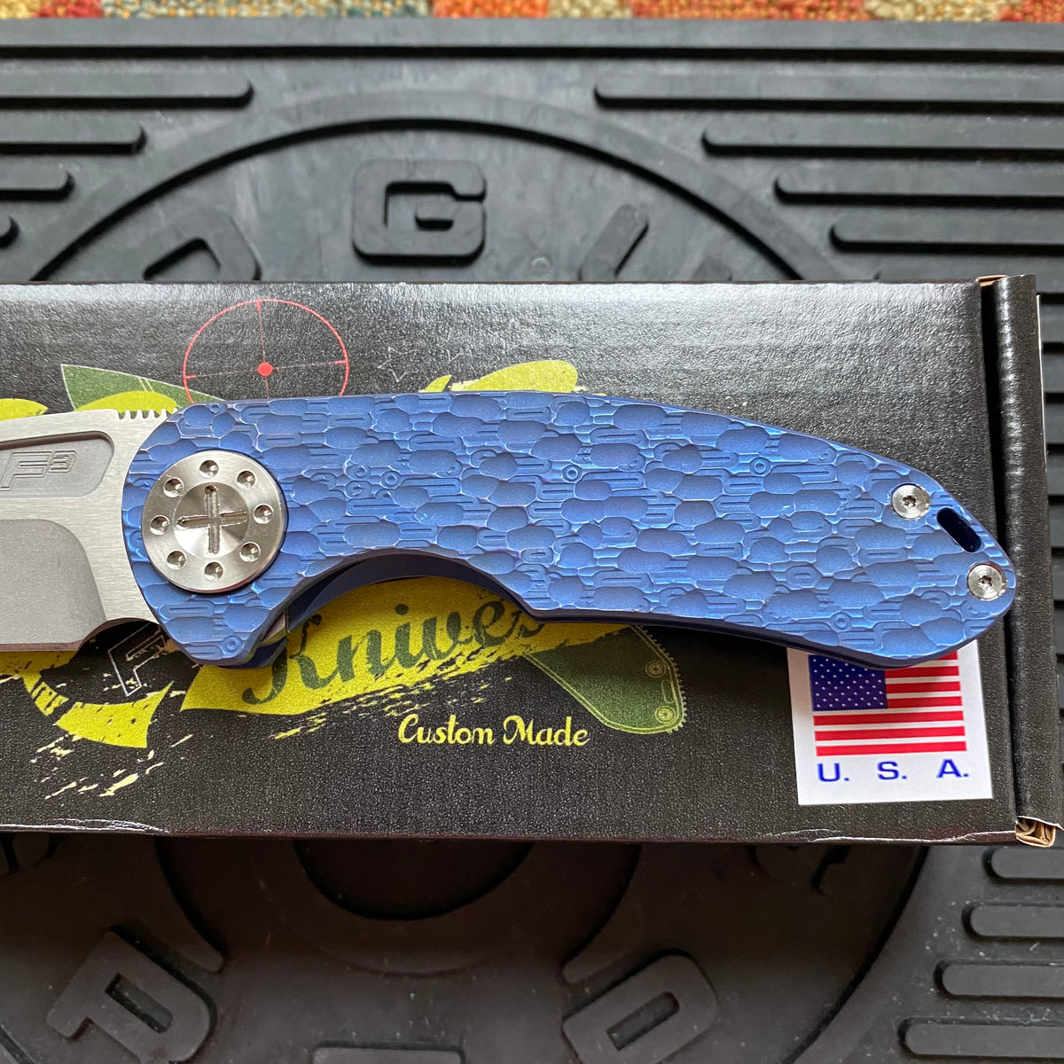 Curtiss Custom F3 Medium 3" Spanto NON-Flipper, Blue Titanium FJ-Mill "Dragon Scale", Stonewash Magnacut Folding Knife