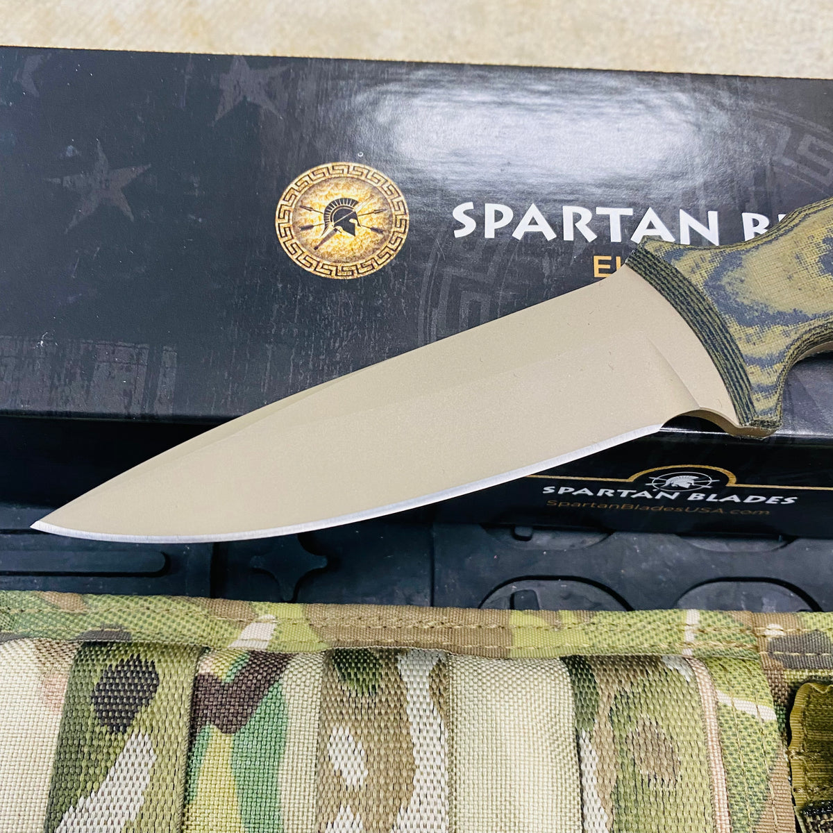 Spartan Blades Harsey Tactical Trout Flat Dark Earth Camo Handles 4.5" Fixed Blade Knife with Multicam Molle Sheath SB43DECMNLMC