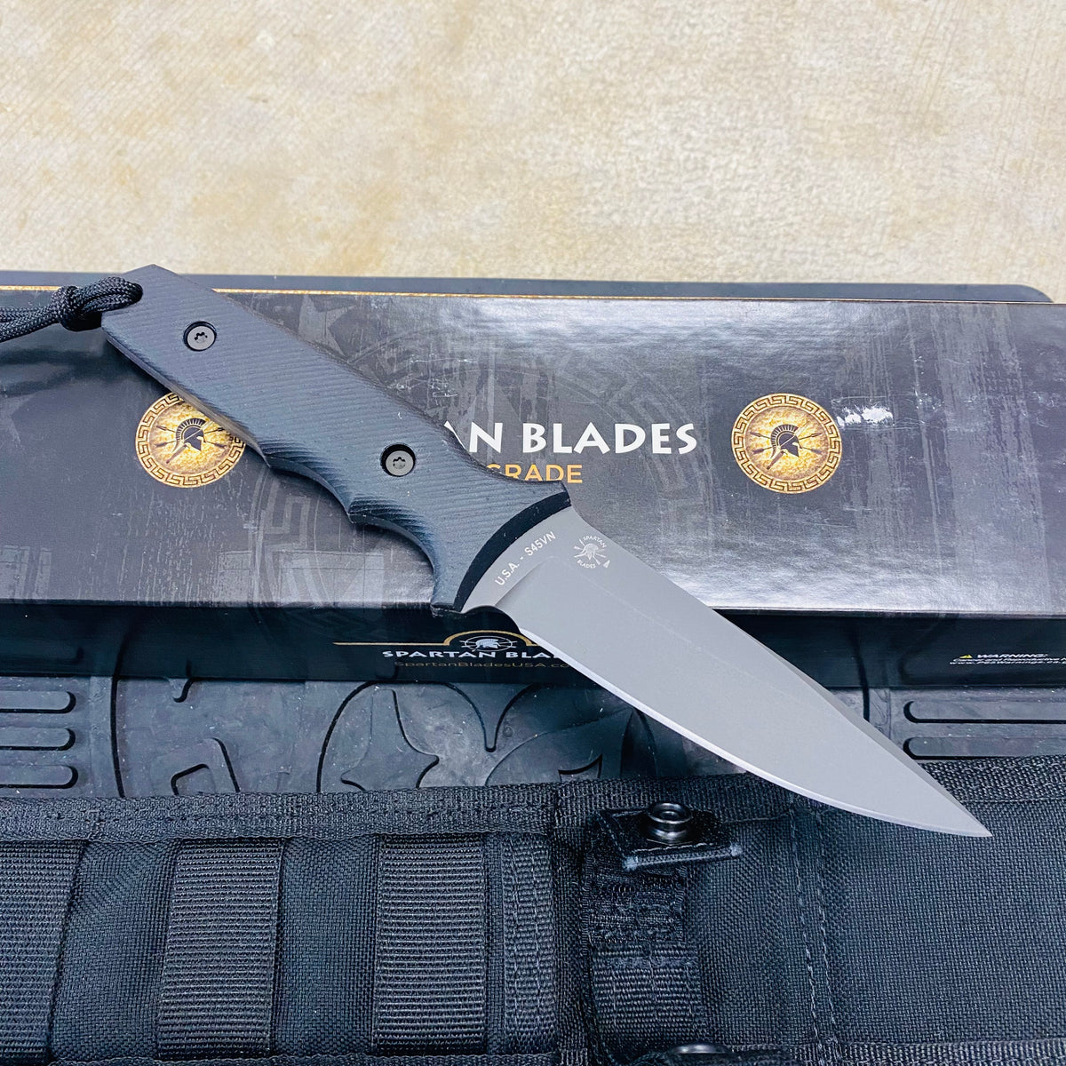 Spartan Blades Harsey Tactical Trout Black Handles 4.5" Fixed Blade Knife with Black Molle Sheath SB43BKBKNLBK