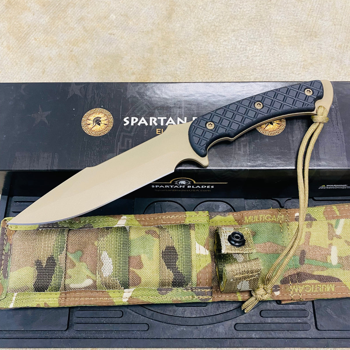 Spartan Blades Horkos Flat Hard Earth 5.6" Fixed Blade Knife CE Canvas Micarta Black Handle with MultiCam Molle Sheath SB4DEBKNLMC