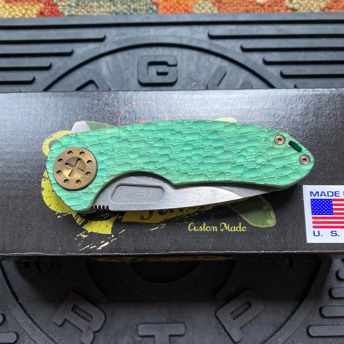Curtiss Custom F3 Medium 3" Slicer Flipper, Green Titanium FJ-Mill "Dragon Scale", Stonewash Magnacut Folding Knife