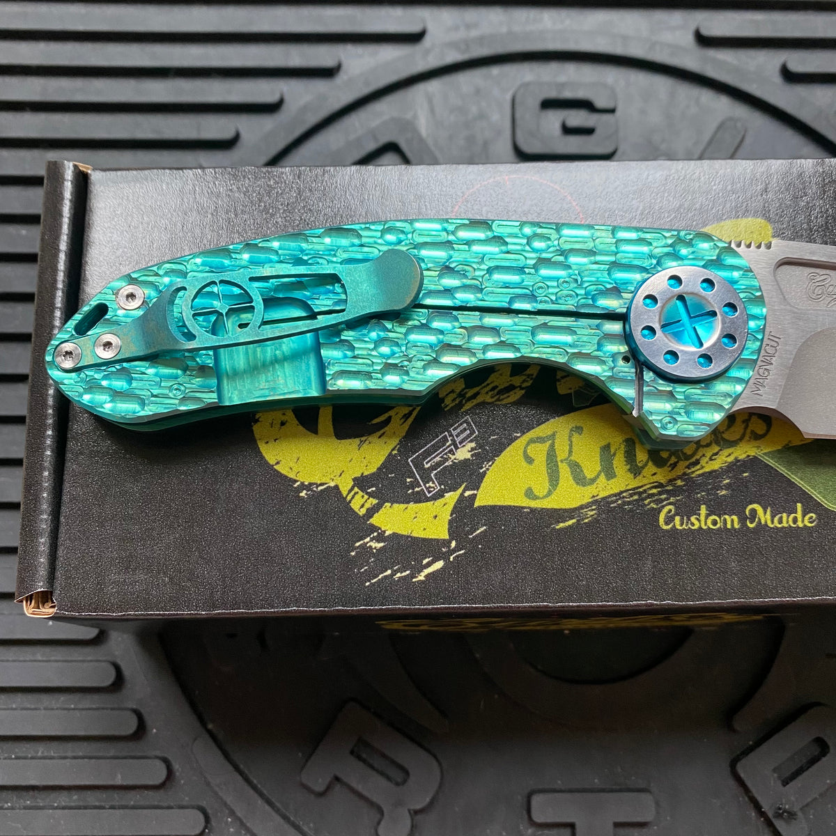 Curtiss Custom F3 Medium 3" Spanto NON-Flipper, Polished Green Titanium FJ-Mill "Dragon Scale", Stonewash Magnacut Folding Knife