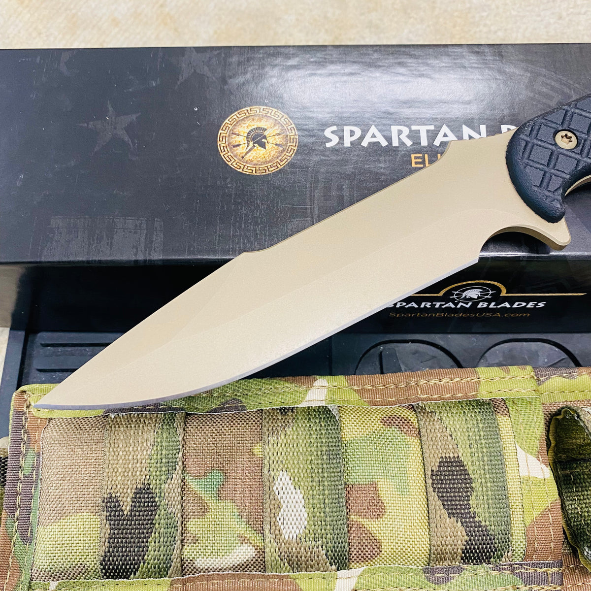 Spartan Blades Horkos Flat Hard Earth 5.6" Fixed Blade Knife CE Canvas Micarta Black Handle with MultiCam Molle Sheath SB4DEBKNLMC