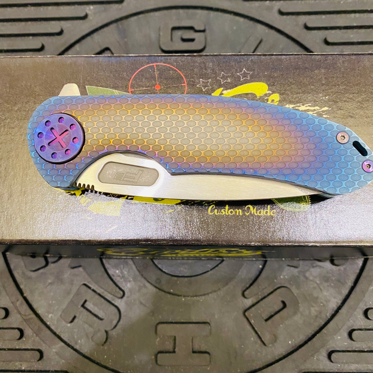 Curtiss Custom F3 Large 3.75" Spanto, Flipper, Titanium Ombre SPM-Mill Handles, Purple Hardware, Magnacut Knife