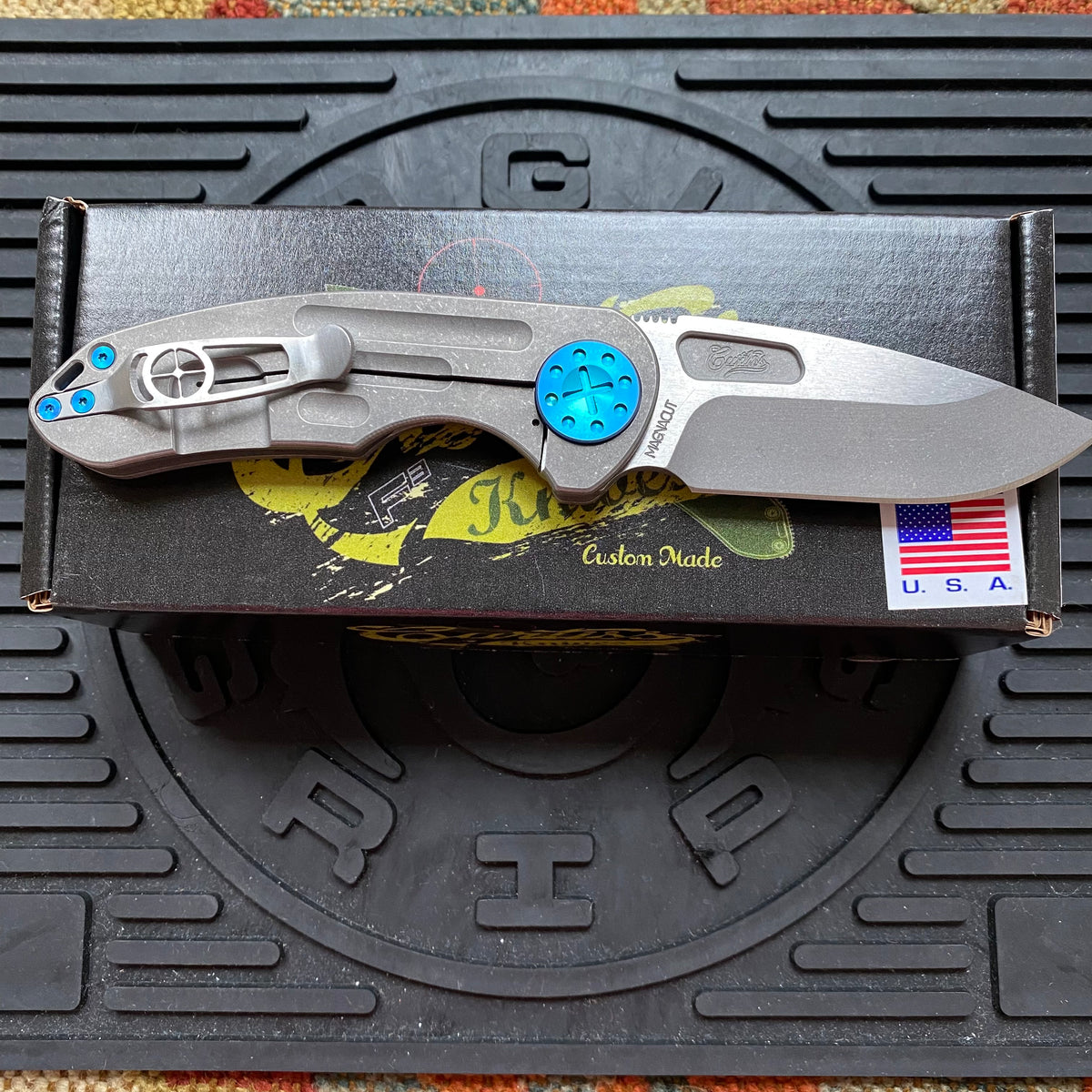 Curtiss Custom F3 Medium 3" Slicer NON-Flipper, Titanium Ball-Mill Pattern Handles, Stonewash Magnacut, Blue Hardware Folding Knife