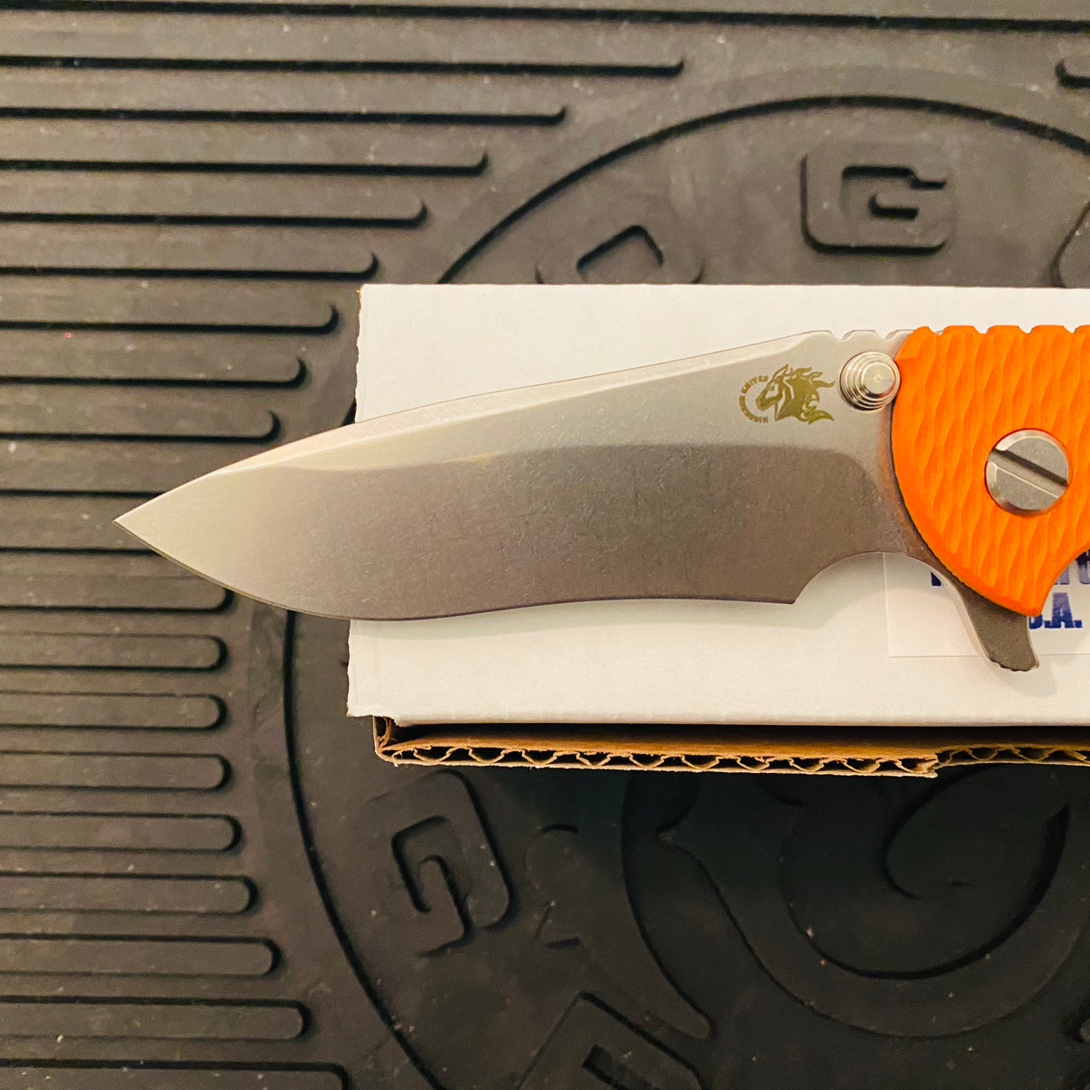 Rick Hinderer XM-18 3.5″ Recurve Tri-Way Stonewash Blue Orange G10 Folding Knife