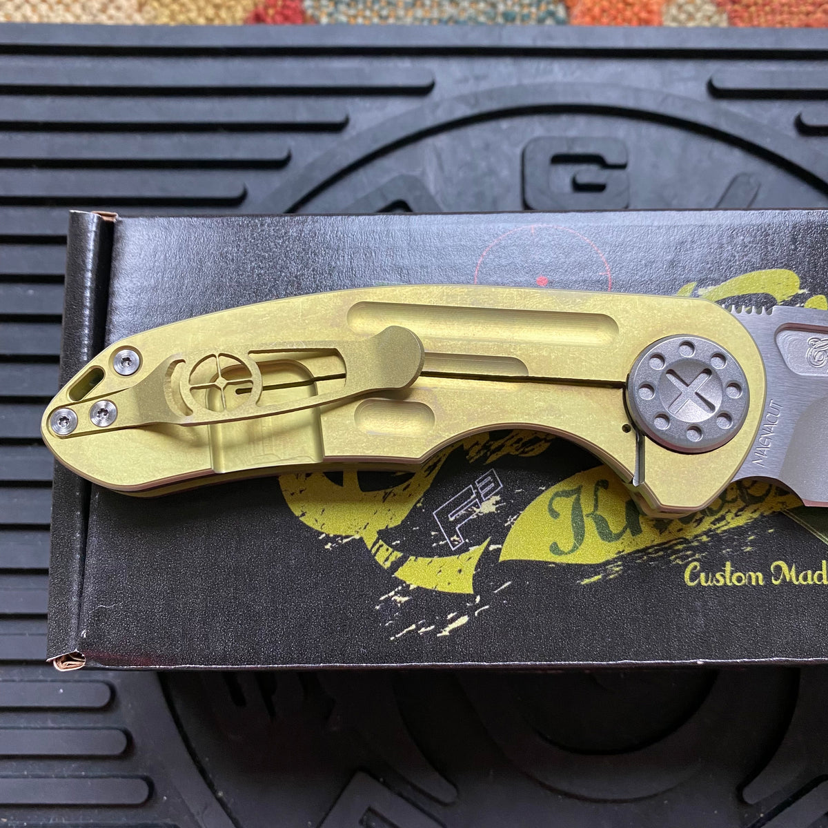Curtiss Custom F3 Medium 3.25" Spanto NON-Flipper, Yellow Titanium Ball-Mill, Stonewash Magnacut Folding Knife