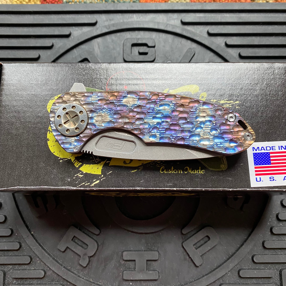 Curtiss Custom F3 Medium 3" Slicer Flipper, Torched Titanium FJ-Mill "Dragon Scale", Stonewash Magnacut Folding Knife