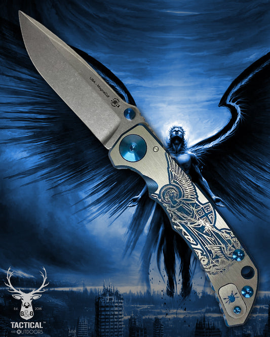 Spartan Blades Harsey Folder - BLUE Saint Michael, 4" Magnacut Blade, Blue ANO Hardware Knife