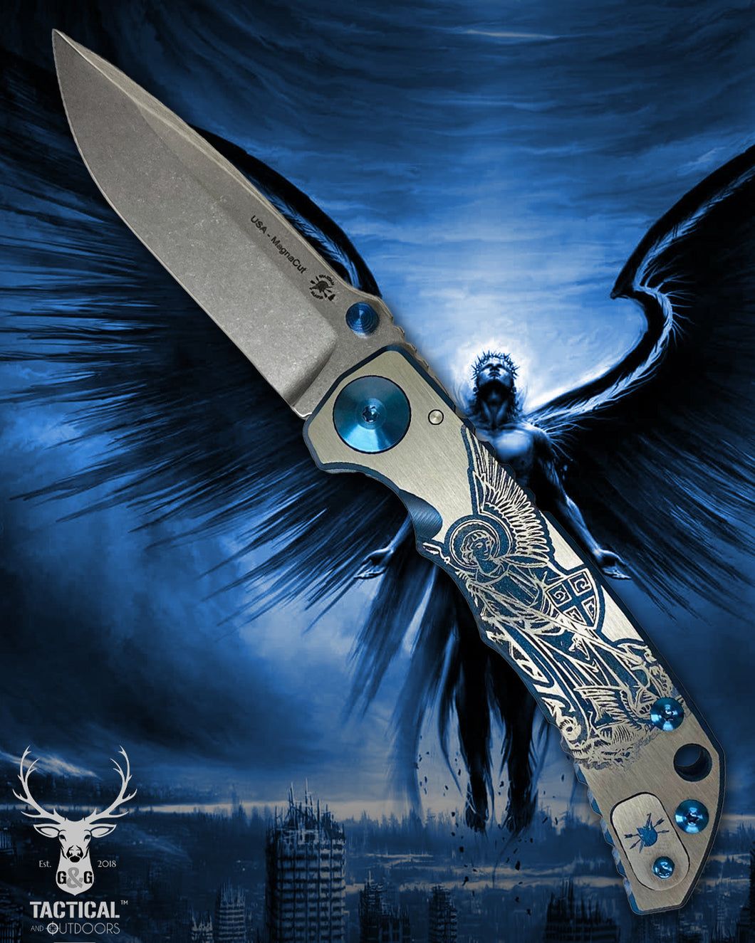 Spartan Blades Harsey Folder - BLUE Saint Michael, Magnacut Blade, Blue ANO Hardware Knife