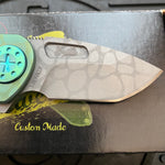Curtiss Custom Knives F3 Compact Frame Lock, 2.5" Spanto Magnacut Blasted Blade FLIPPER, Green Pattern Handles, Knife