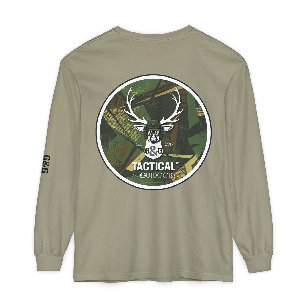 G&G Tactical Outdoors Long Sleeve Tee — Green Camoflauge Black Sleeve Graphic