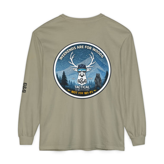 G&G Tactical Outdoors Long Sleeve Tee — Winter Camoflauge Light "Weekends Are for Woods Not Wifi"