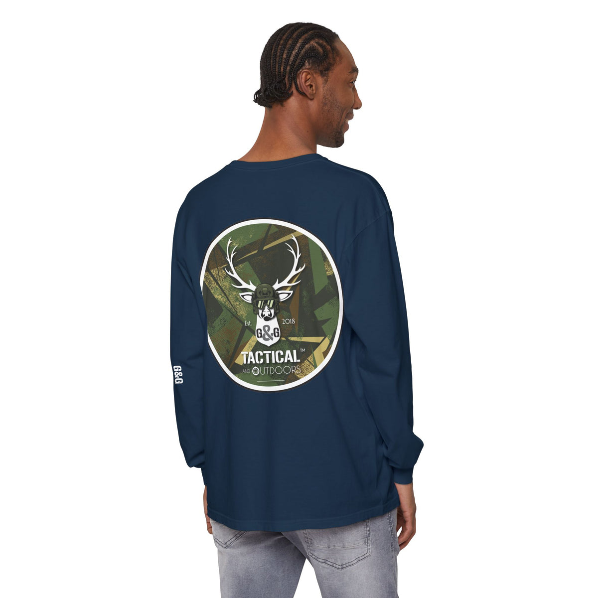 G&G Tactical Outdoors Long Sleeve Tee — Green Camoflauge White Sleeve Graphic