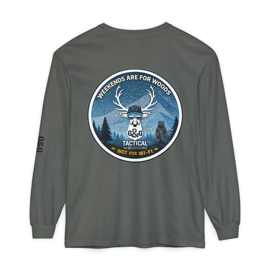 G&G Tactical Outdoors Long Sleeve Tee — Winter Camoflauge Light "Weekends Are for Woods Not Wifi"