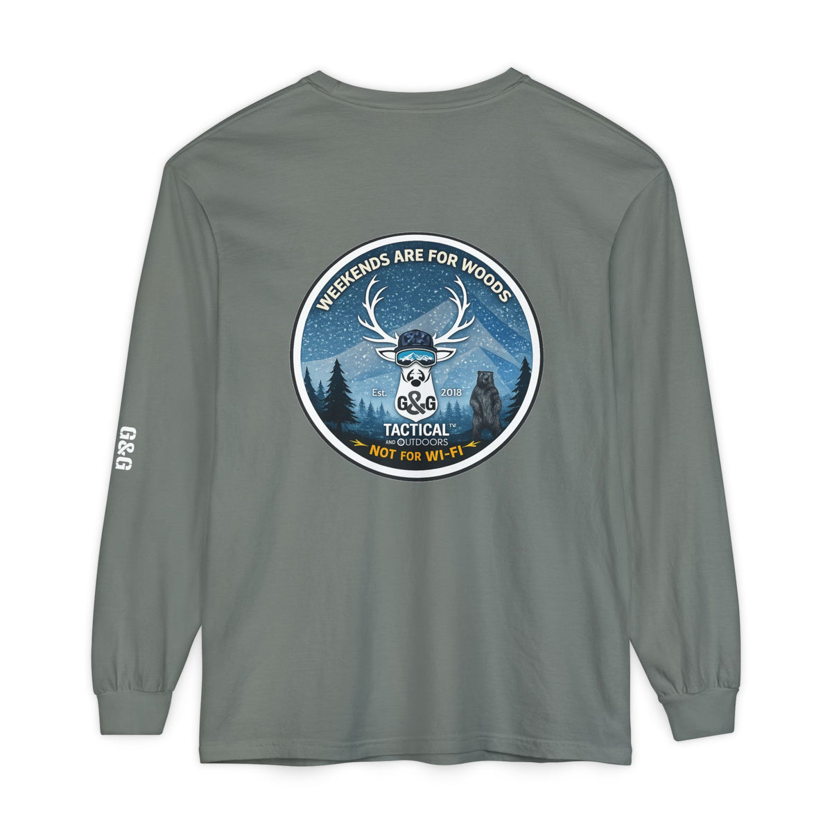 G&G Tactical Outdoors Long Sleeve Tee — Winter Camoflauge "Weekends Are for Woods Not Wifi"