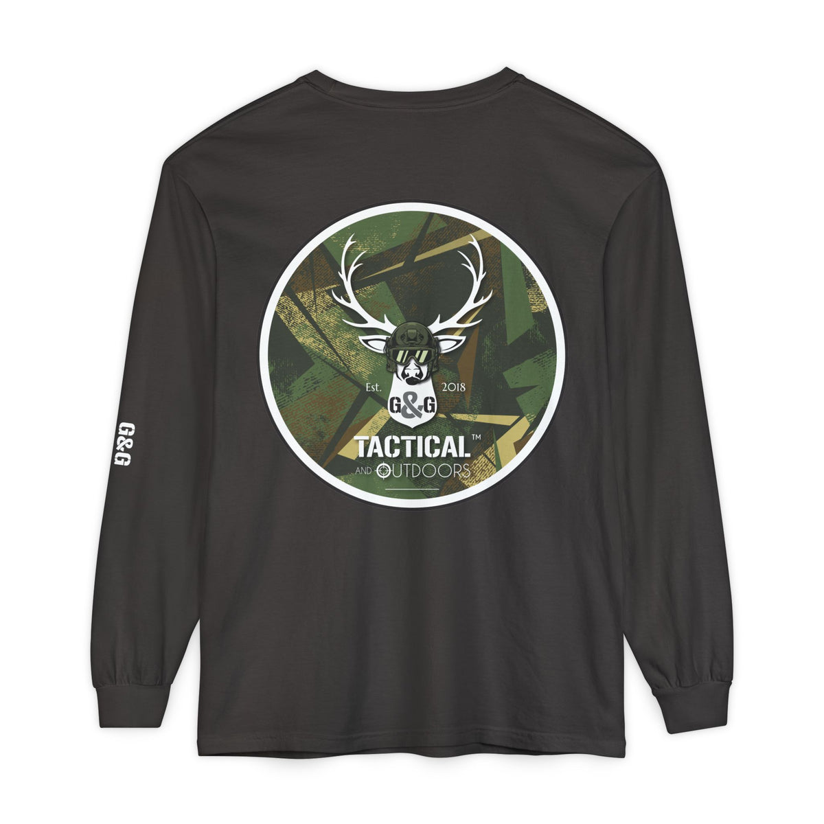 G&G Tactical Outdoors Long Sleeve Tee — Green Camoflauge White Sleeve Graphic