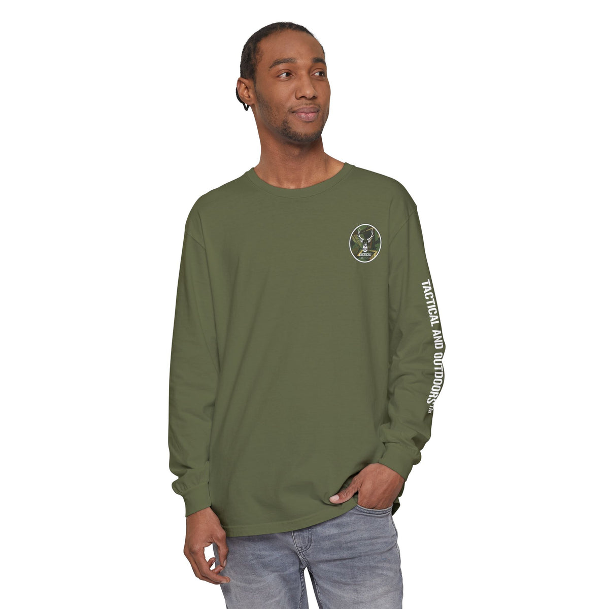 G&G Tactical Outdoors Long Sleeve Tee — Green Camoflauge White Sleeve Graphic