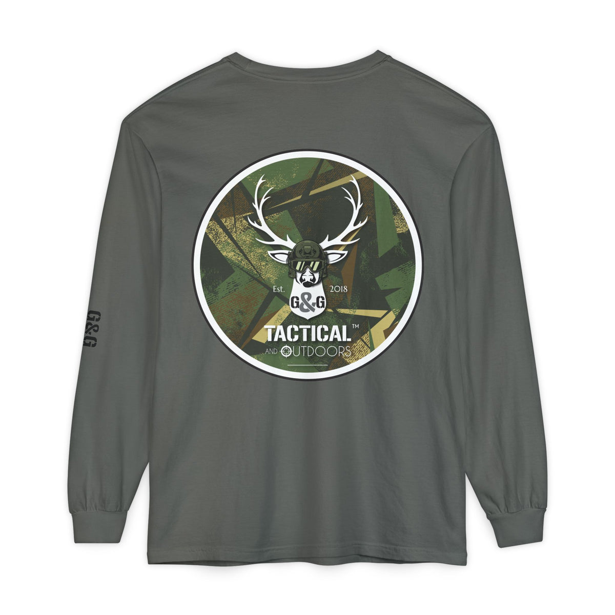 G&G Tactical Outdoors Long Sleeve Tee — Green Camoflauge Black Sleeve Graphic