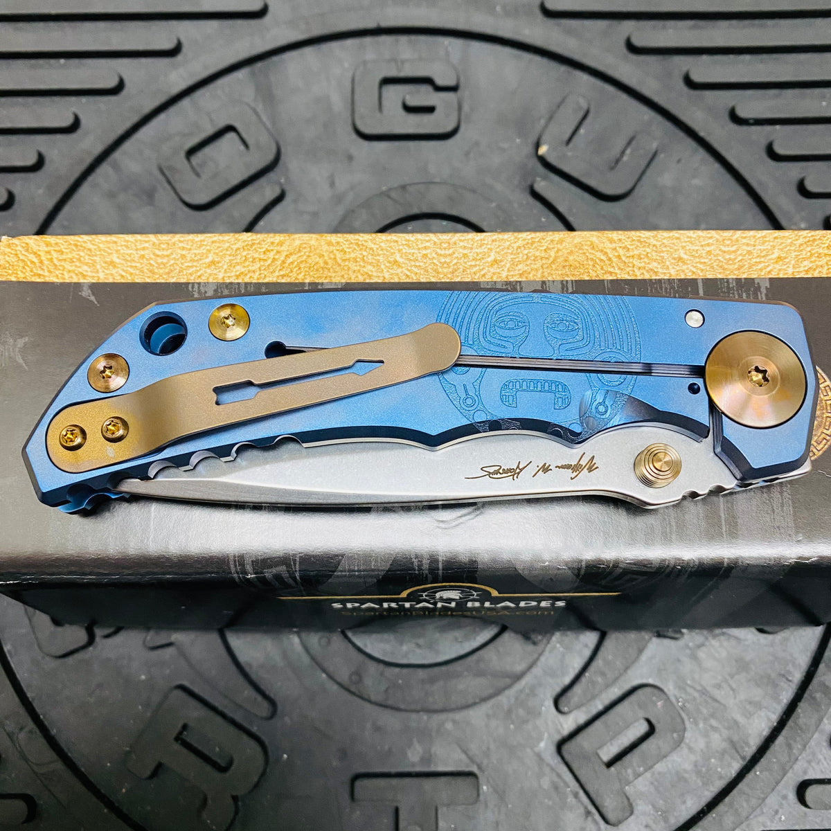 Spartan Blades Harsey Folder - BLUE Mayan with Blue Stones, Magnacut Blade, Bronze ANO Hardware Knife