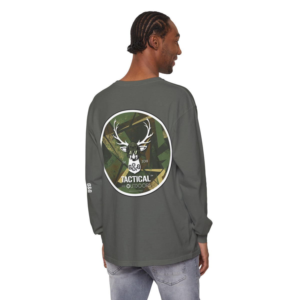 G&G Tactical Outdoors Long Sleeve Tee — Green Camoflauge White Sleeve Graphic