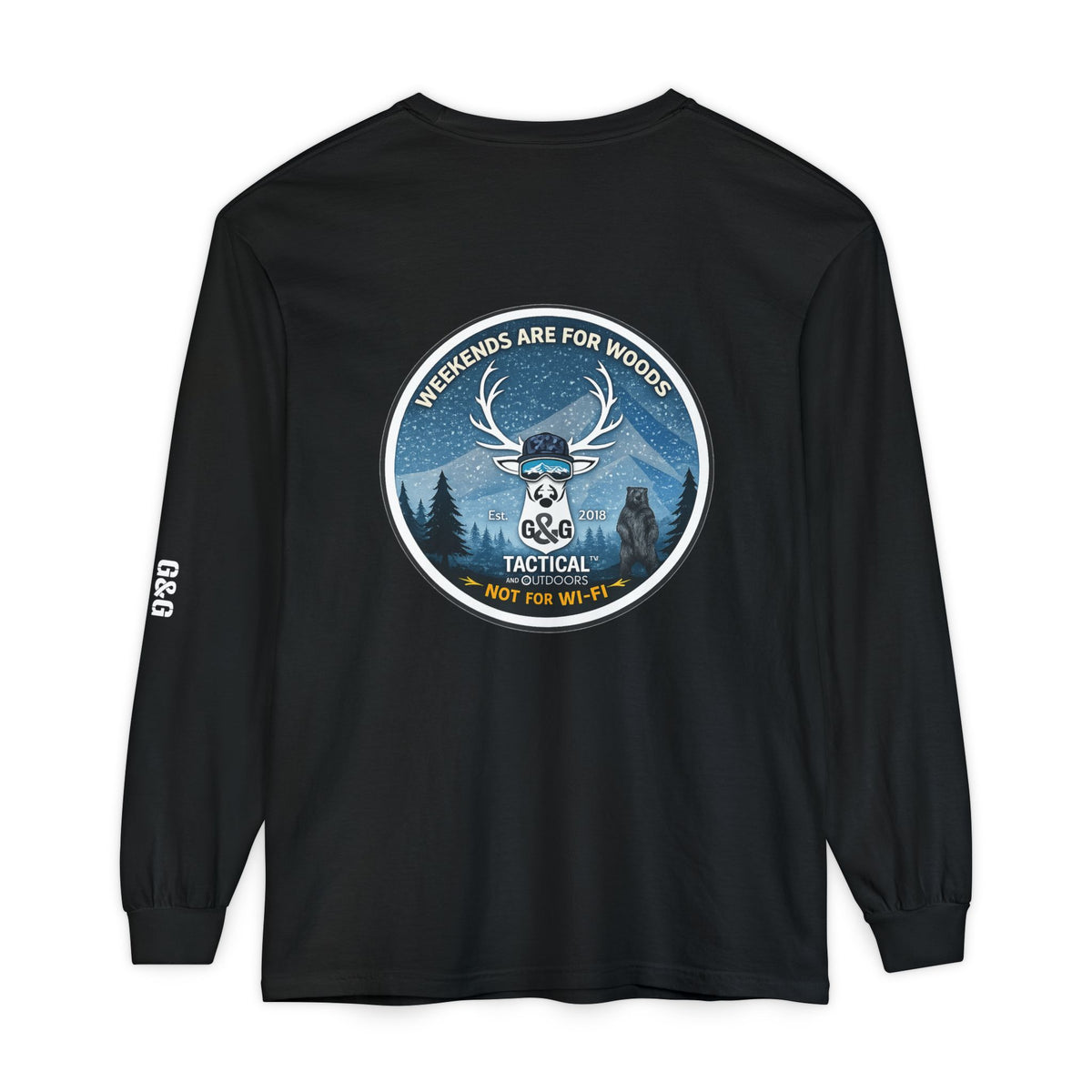 G&G Tactical Outdoors Long Sleeve Tee — Winter Camoflauge "Weekends Are for Woods Not Wifi"