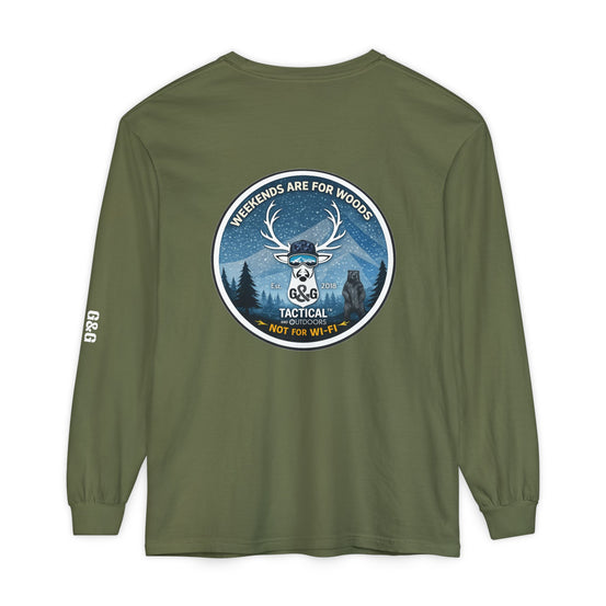 G&G Tactical Outdoors Long Sleeve Tee — Winter Camoflauge "Weekends Are for Woods Not Wifi"