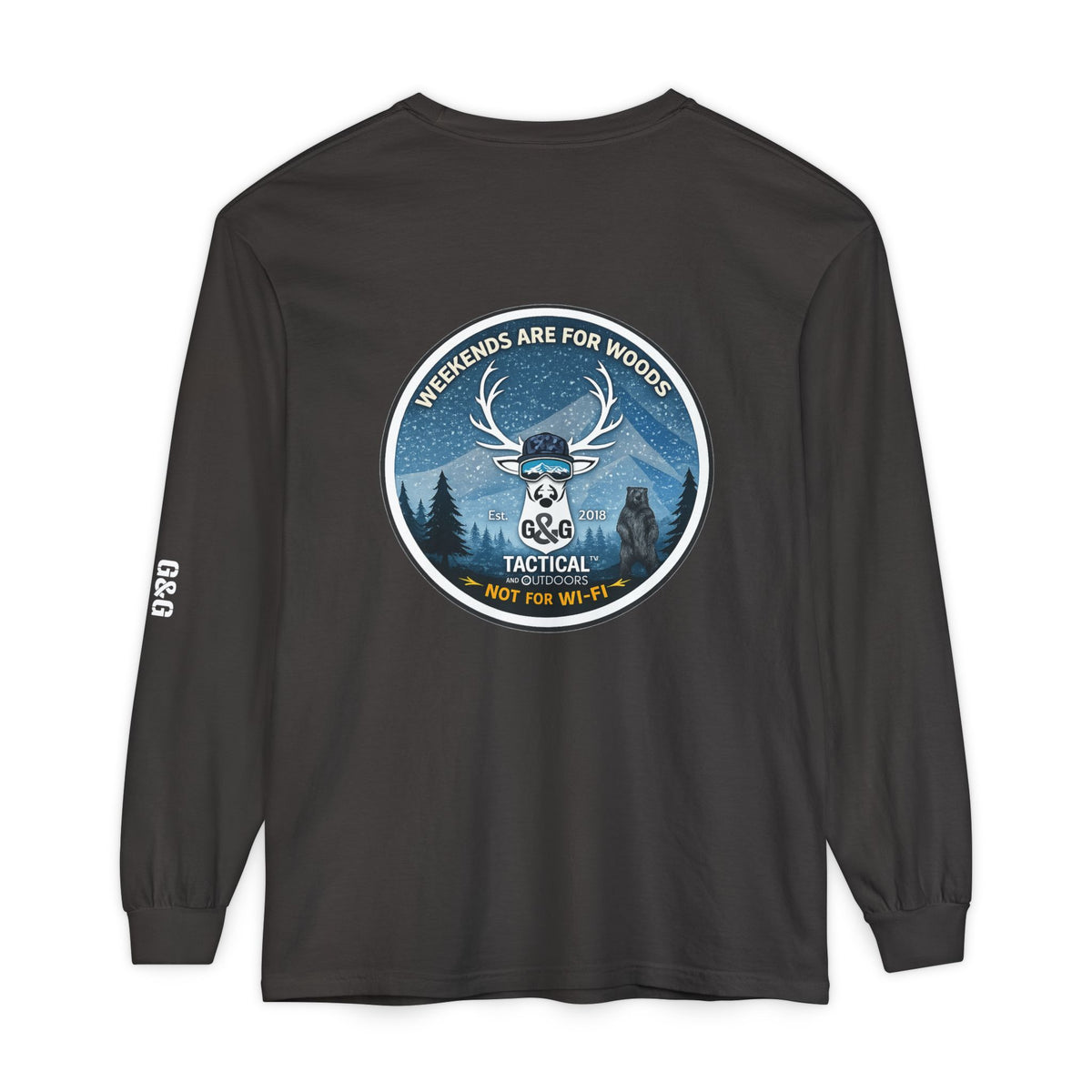 G&G Tactical Outdoors Long Sleeve Tee — Winter Camoflauge "Weekends Are for Woods Not Wifi"