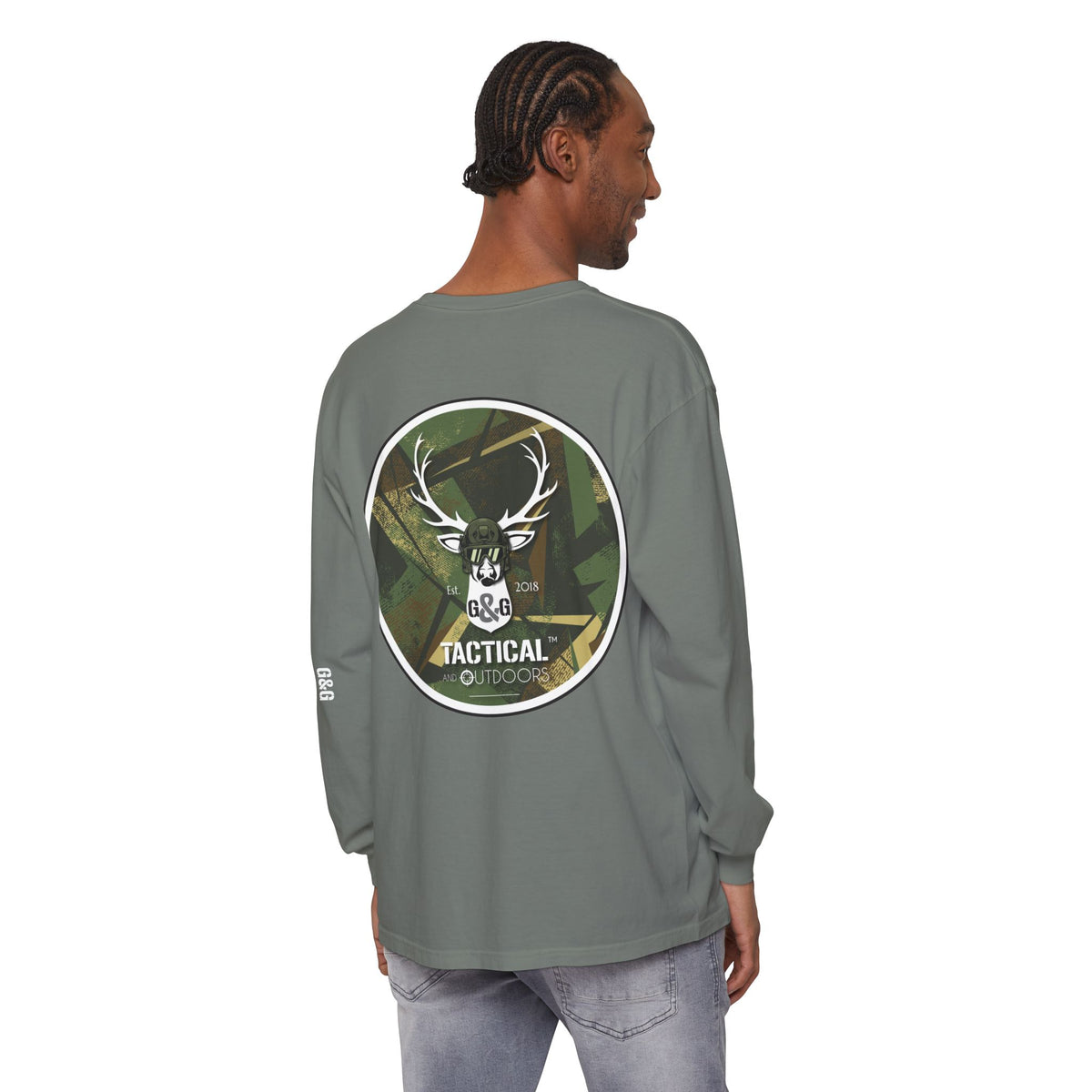 G&G Tactical Outdoors Long Sleeve Tee — Green Camoflauge White Sleeve Graphic