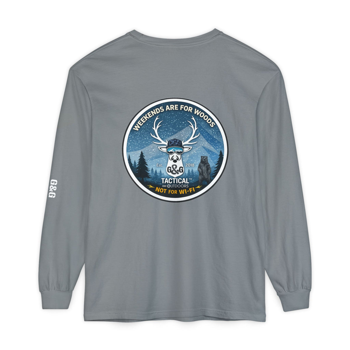 G&G Tactical Outdoors Long Sleeve Tee — Winter Camoflauge "Weekends Are for Woods Not Wifi"