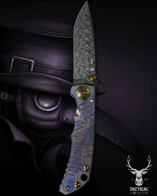 Spartan Blades Harsey Folder - Plague Doctor PURPLE with Chad Nichols Damascus Blade Knife