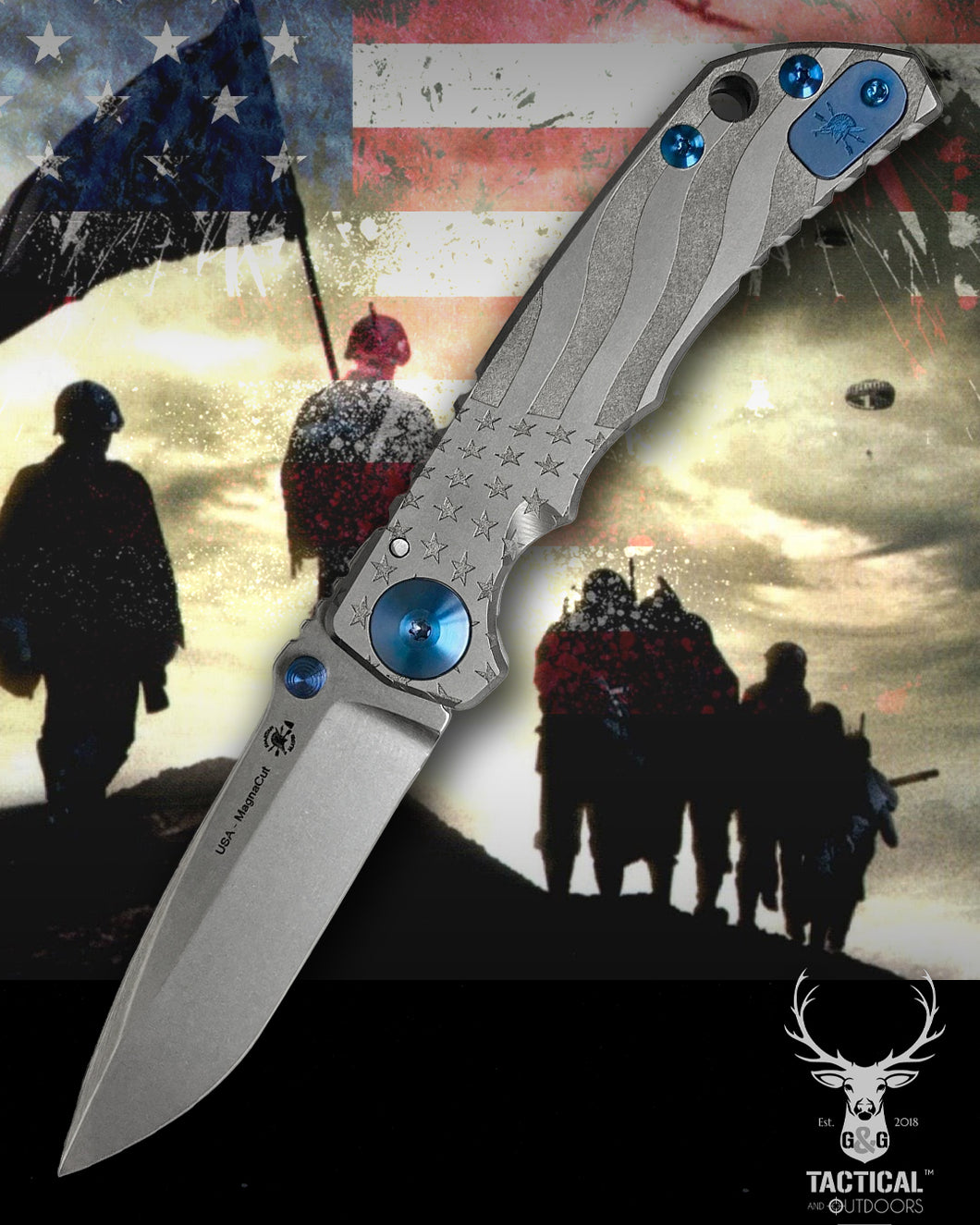 Spartan Blades Harsey Folder - Gray American Waving Flag Satin Magnacut Blade, Blue ANO Hardware Knife