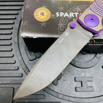 Spartan Blades Harsey Folder - PURPLE Shield with Purple Stone, Chad Nichols Damascus Blade, Purple ANO Hardware Knife