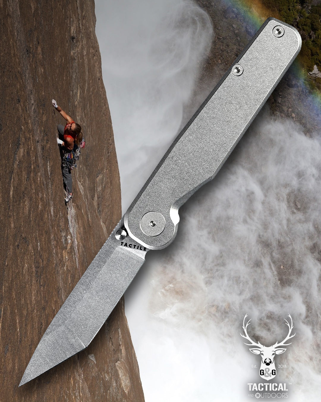 Tactile Knife Co. Rockwall TANTO 3" Magnacut Stonewash Blade, Titanium Handles Folding Knife