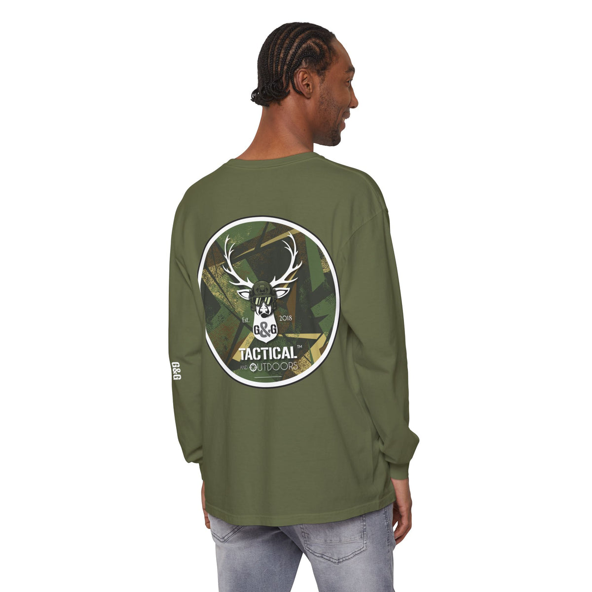 G&G Tactical Outdoors Long Sleeve Tee — Green Camoflauge White Sleeve Graphic
