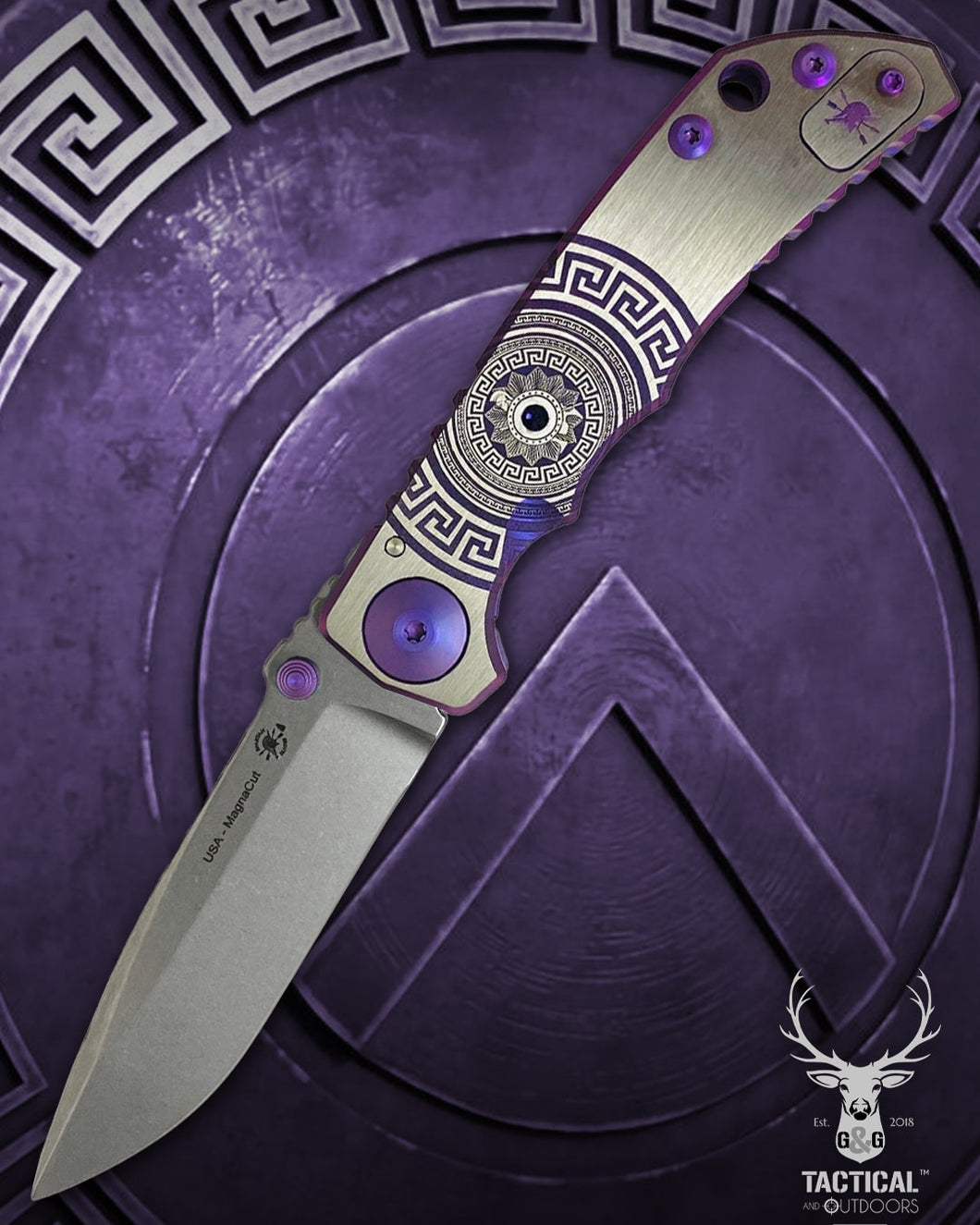 Spartan Blades Harsey Folder - PURPLE Shield with Purple Stone, Magnacut Blade, Purple ANO Hardware Knife