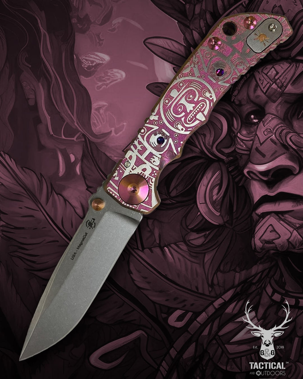 Spartan Blades Harsey Folder - PINK Mayan with Blue Stones, Magnacut Blade, Pink ANO Hardware Knife