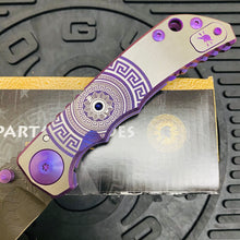 Load image into Gallery viewer, Spartan Blades Harsey Folder - PURPLE Shield with Purple Stone, Chad Nichols Damascus Blade, Purple ANO Hardware Knife
