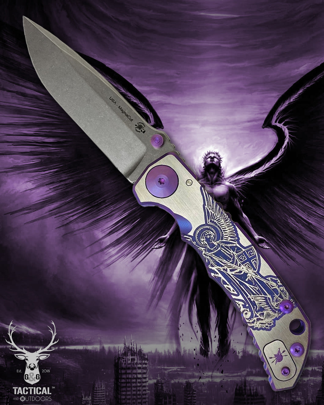 Spartan Blades Harsey Folder - PURPLE Saint Michael, Magnacut Blade, Purple ANO Hardware Knife