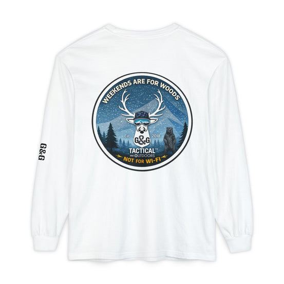 G&G Tactical Outdoors Long Sleeve Tee — Winter Camoflauge Light "Weekends Are for Woods Not Wifi"