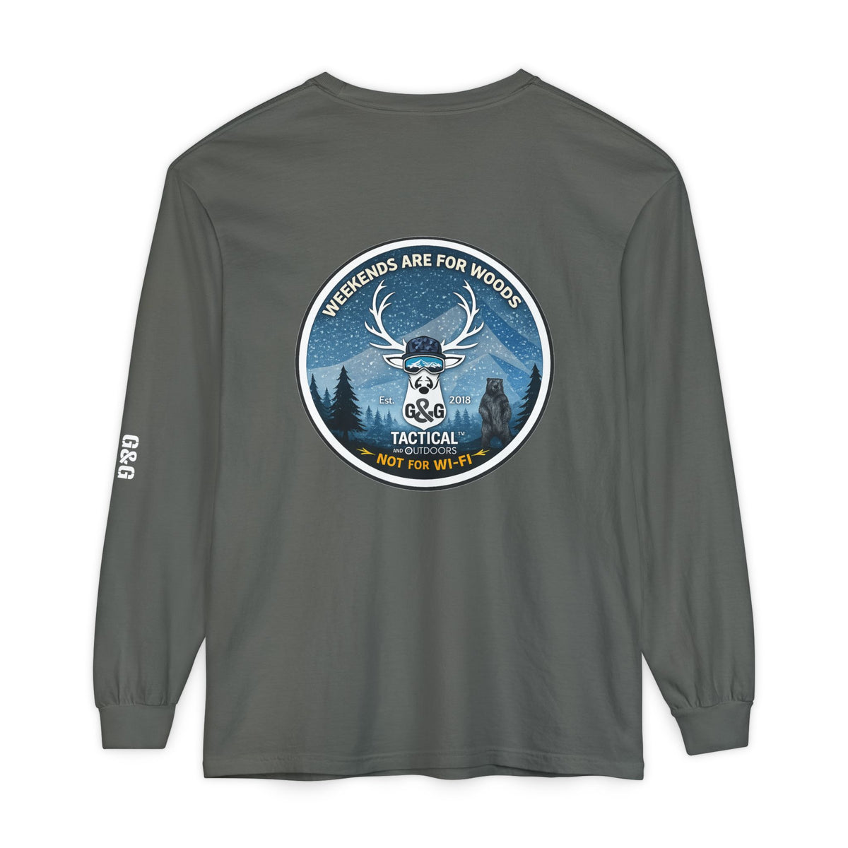 G&G Tactical Outdoors Long Sleeve Tee — Winter Camoflauge "Weekends Are for Woods Not Wifi"