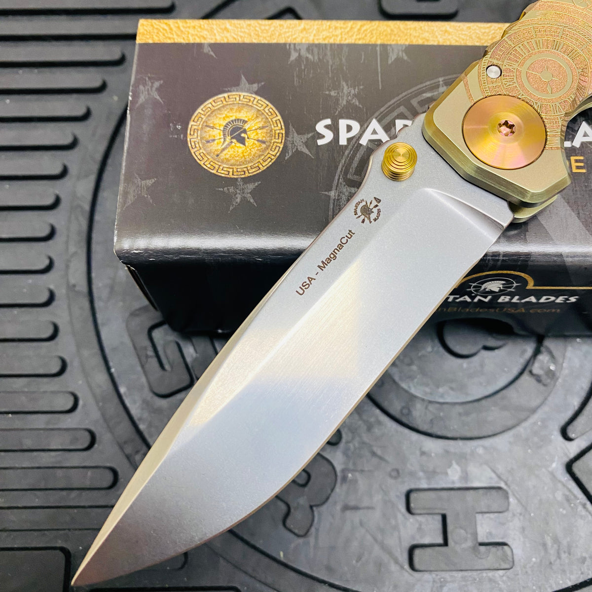 Spartan Blades Harsey Folder - Orange Oculus Theme, Satin Magnacut Blade, Satin Hardware Knife