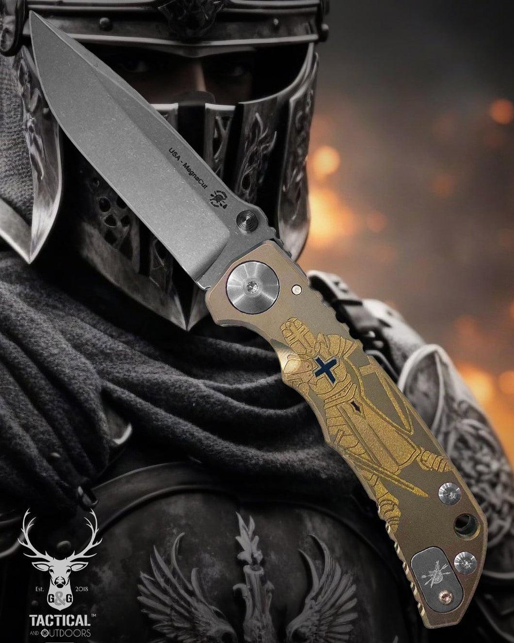 Spartan Blades Harsey Folder - Crusader Theme, Magnacut Blade, Bronze Hardware Knife
