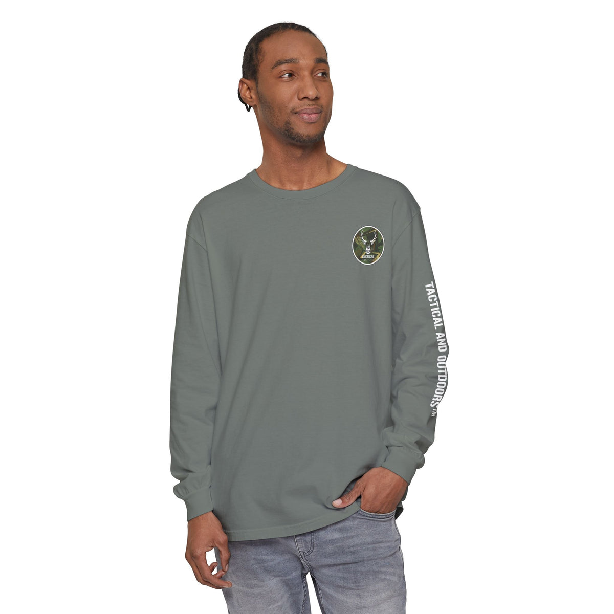 G&G Tactical Outdoors Long Sleeve Tee — Green Camoflauge White Sleeve Graphic