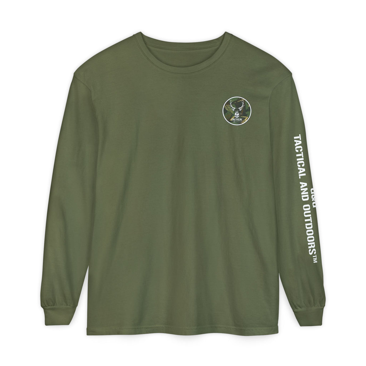 G&G Tactical Outdoors Long Sleeve Tee — Green Camoflauge White Sleeve Graphic
